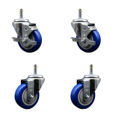 Service Caster 3.5'' Blue Poly Wheel Swivel 7/16'' Grip Ring Stem Caster Set 2 Brakes, 4PK GR20S3514-PPUB-BLUE-TLB-716138-2-S-2